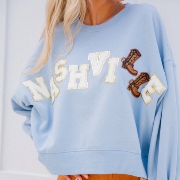 JUDITH MARCH Nashville TN Glitter Patch Cropped Balloon Sleeve Sweatshirt Small - Picture 9 of 9